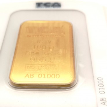 TCA:s 100g guldtacka är tillverkad av 24-karats guld med en renhet på 999.9.