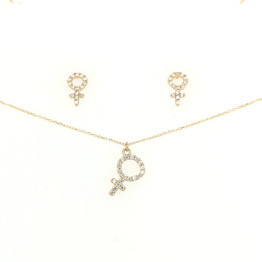 Guldsmycke – kvinna symbol halsband och örhängen18K